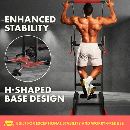 SQUATZ Pull-Up Dip Station - Your All-in-One Power Tower Gym and Chin-Up Bar Stand with Collapsible Bench for Home Exercise and Bench Press