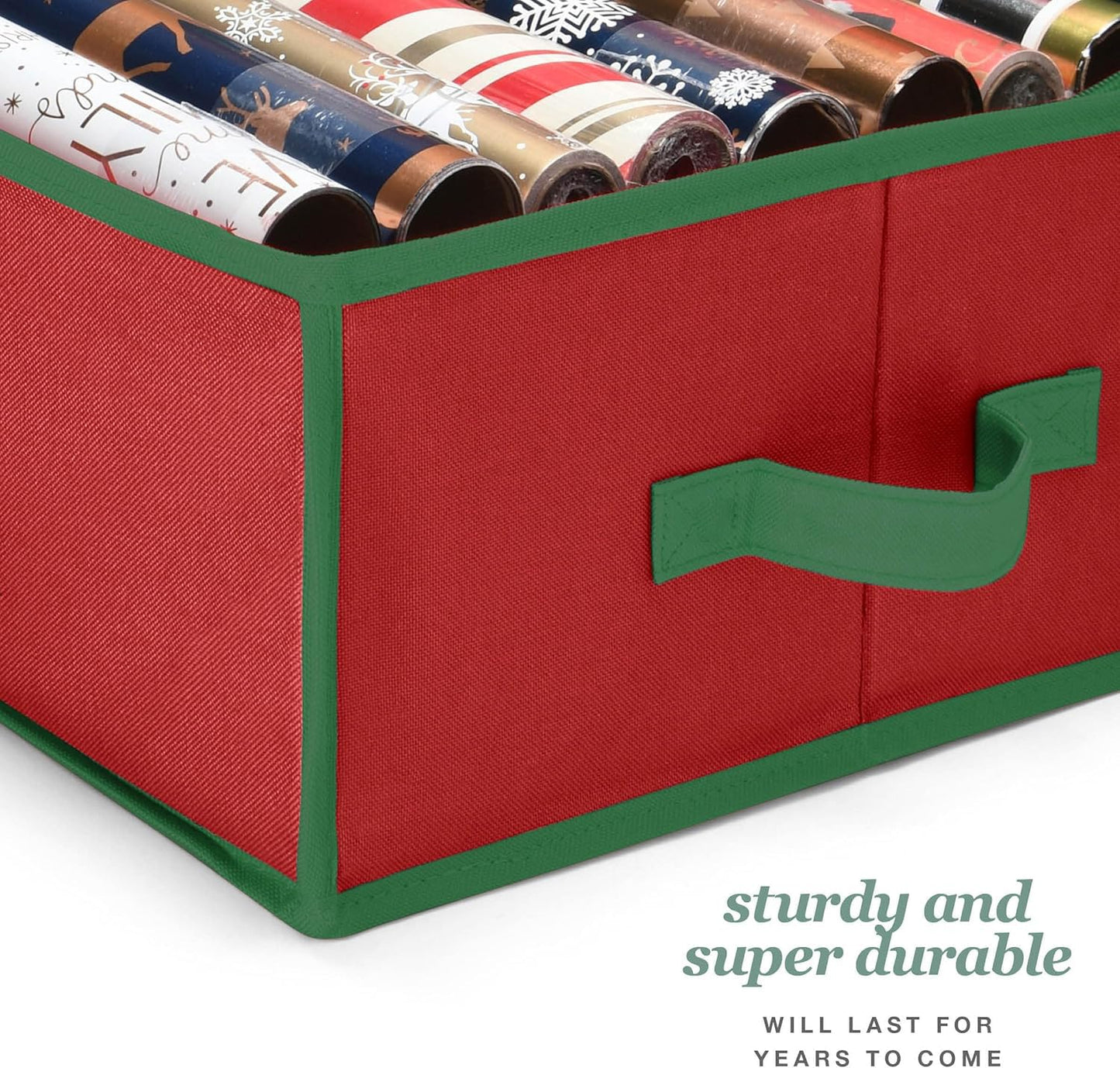 Premium Wrapping Paper Organizer Storage | Gift Wrap Holder With Extra Pockets for Christmas Decorations, Reinforced Handles, Heavy Duty, Ultra-Durable, Tear-Proof Fabric - Fits Up to 27 Rolls (Red)