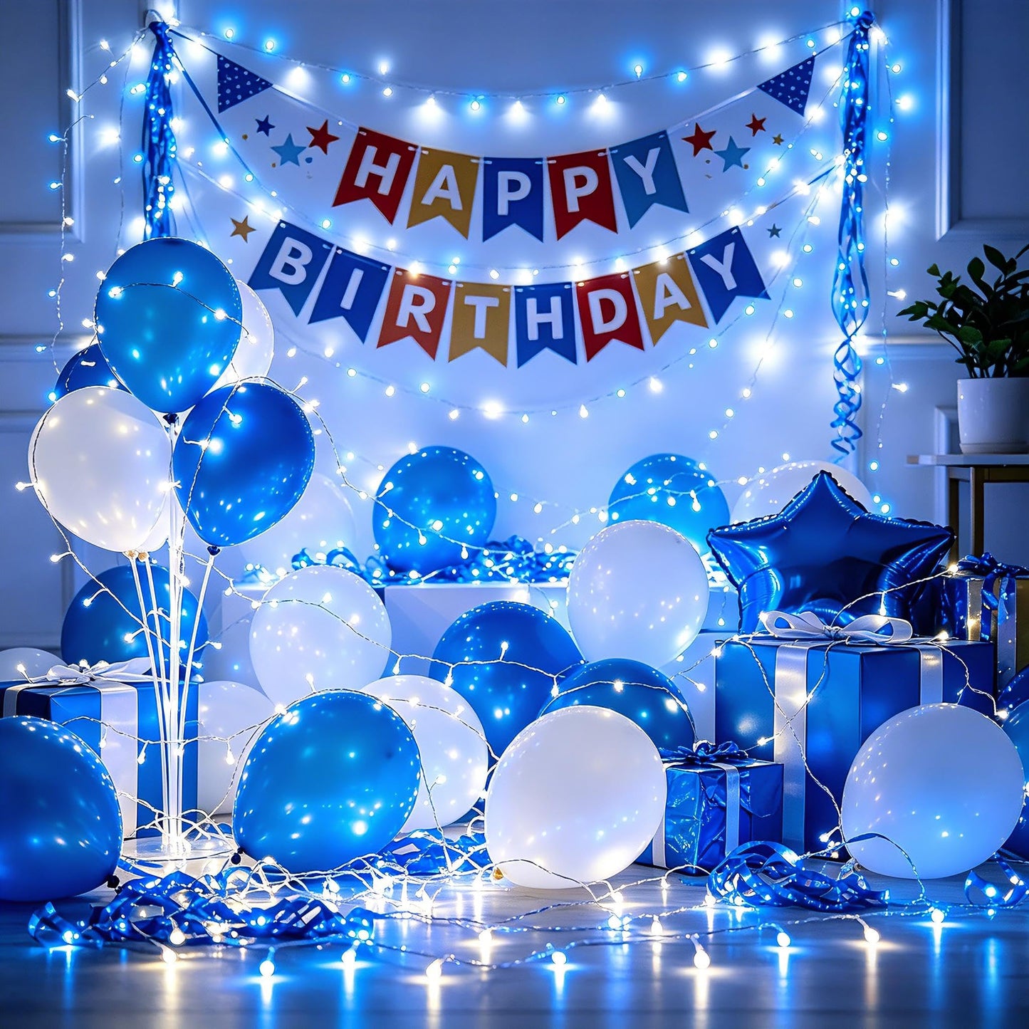 300 LED Blue White Birthday Party Decorations Ocean Party Decor String Lights with 12 Modes Timer Dimmable, Green Wire Connectable Christmas Tree Lights, 75FT Fairy Lights for Bedroom, Outside, Xmas