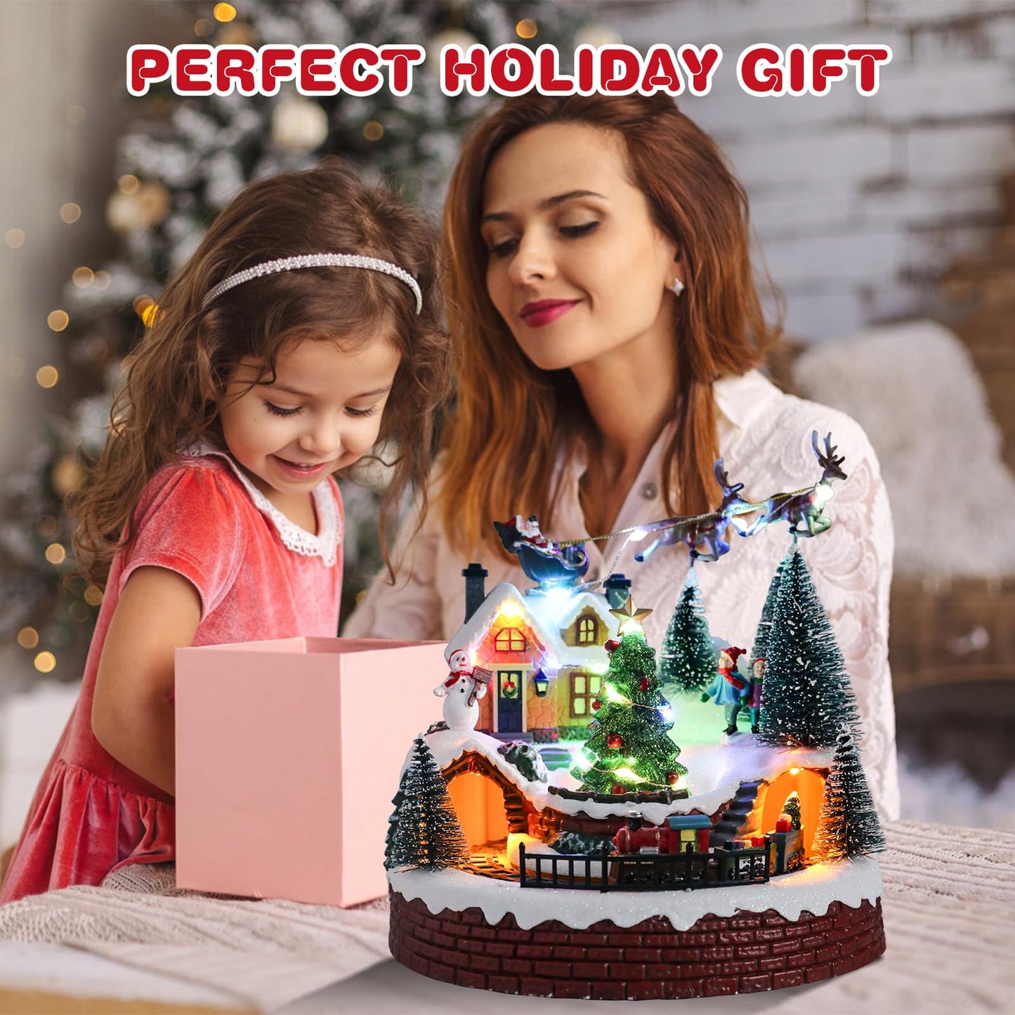 Vipush Christmas Village House Decorations Resin Train Set with Flying Santa Home Decor Indoor Building Figurines Revolving Train with LED Light and 8 Christmas Music for Kids