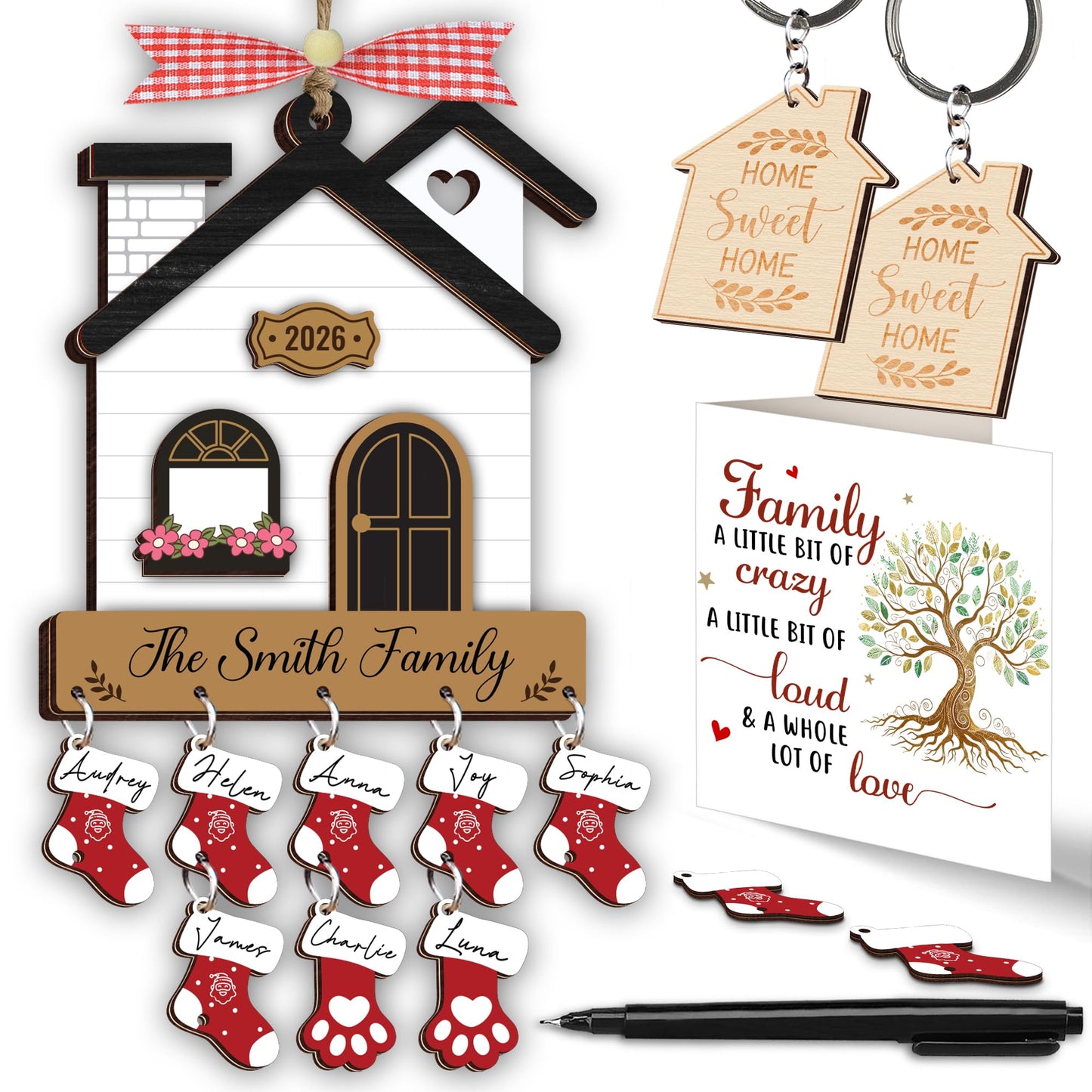 DIY New Home Ornaments 2026, Family Ornament 2026, Family of 3, 4, 5, 6, 7, 8 Ornament with Dog, Cat, Customized Ornaments for Tree, Home Sweet Home Keychain, House Decoration HH624