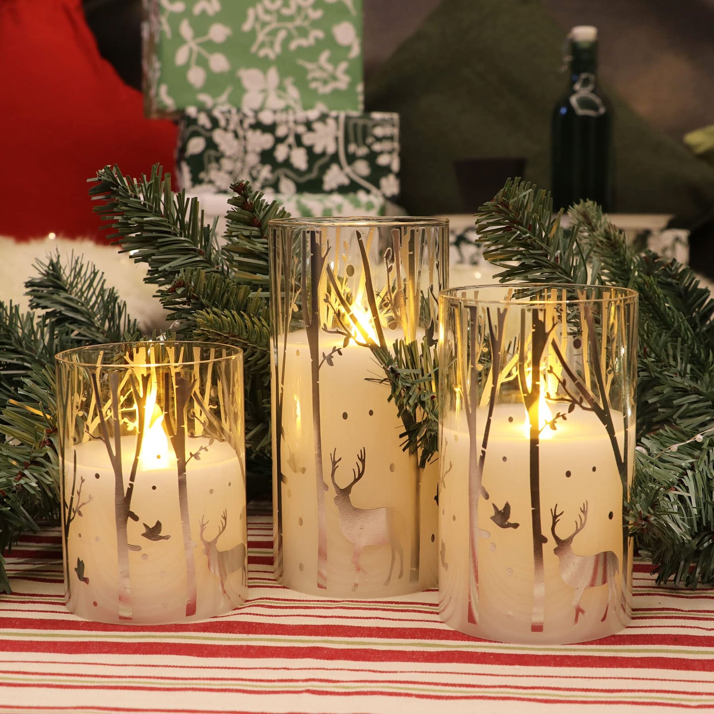 Rhytsing Silver Reindeer Design Glass Battery Operated LED Candles with 6H Timer, Christmas Flameless Candles with Warm White Light, Batteries Included - Set of 3