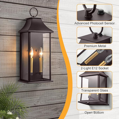 Oil Rubbed Bronze Dusk to Dawn Outdoor Wall Light, 20.6" Large Outside Wall Sconce Light 2-Light, Modern Exterior Wall Lantern with Glass, Waterproof Outdoor Porch Light for House, Porch
