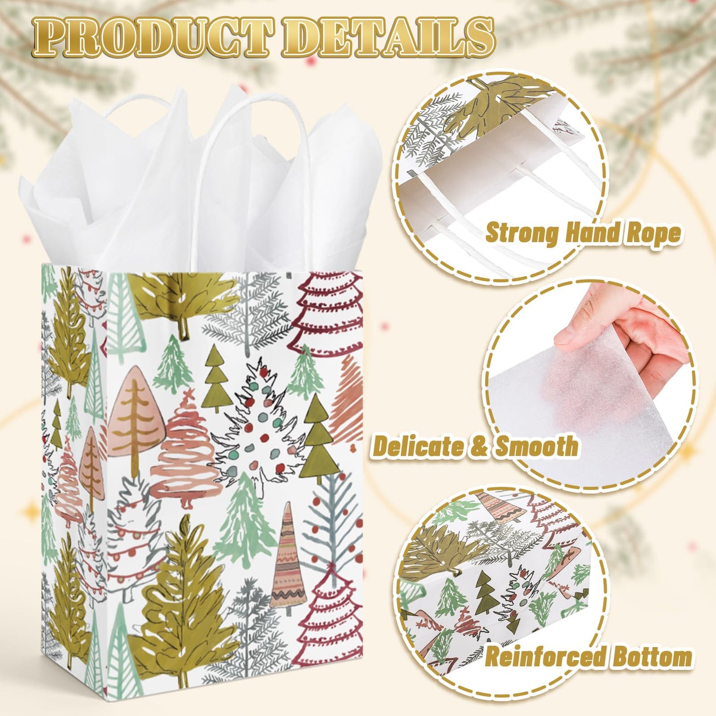 JarThenaAMCS 24 Pcs Christmas Boho Paper Gift Bags with Tissue Paper Xmas Pine Tree Party Favor Bags with Handle Winter Goodie Candy Treat Bags Medium Size Bulk Bags for Wedding Birthday Holiday