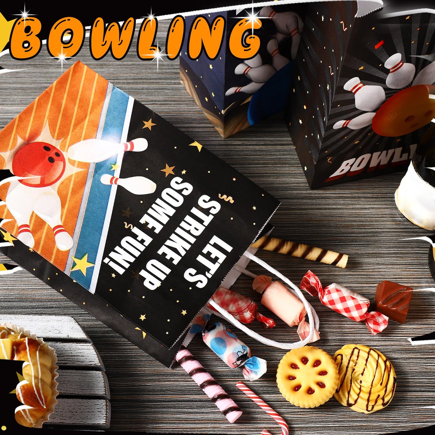 Kolldenn 24 Pcs Bowling Party Favors Bags Bowling Ball Goodie Gift Paper Bags with Handles Sport Candy Treat Pouch for Ball Birthday Party Decorations Supplies