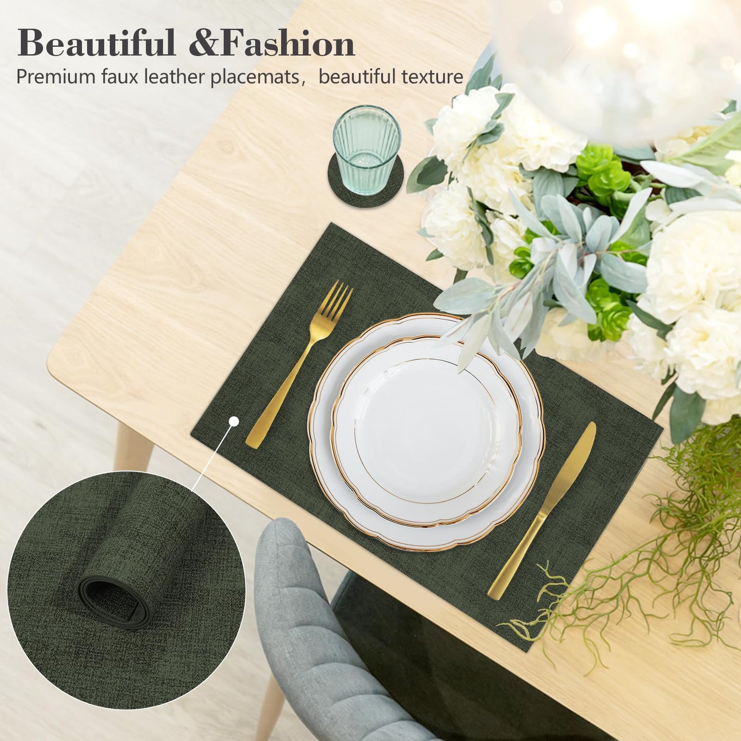 JUCCWARM Faux Leather Placemats Set of 6,Heat Resistant Placemats for Dining Table, Easy Clean Non-Slip Place Mats, Waterproof Stain Resistant Wipeable Washable PU Table Mats, (Dark Green)