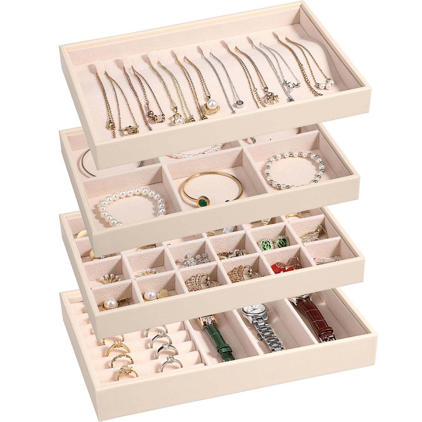 LANDICI Stackable Jewelry Organizer Trays 4 Set,PU Leather Jewelry Organizer Drawer,Jewelry Storage Display Tray for Earring Necklace Rings Bracelet with Removable Dividers,Apricot