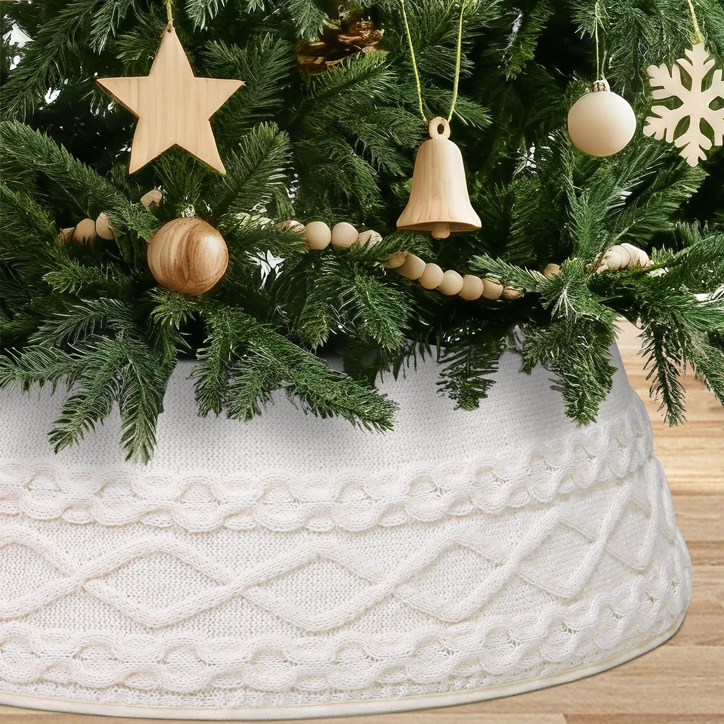 ASTNIC Knitted Christmas Tree Collar, Cable Knit Christmas Tree Skirt Xmas Tree Stand Base Cover Rustic Handmade Tree Ring Tree Skirt for Artificial Trees Christmas Farmhouse Home Decor (White)