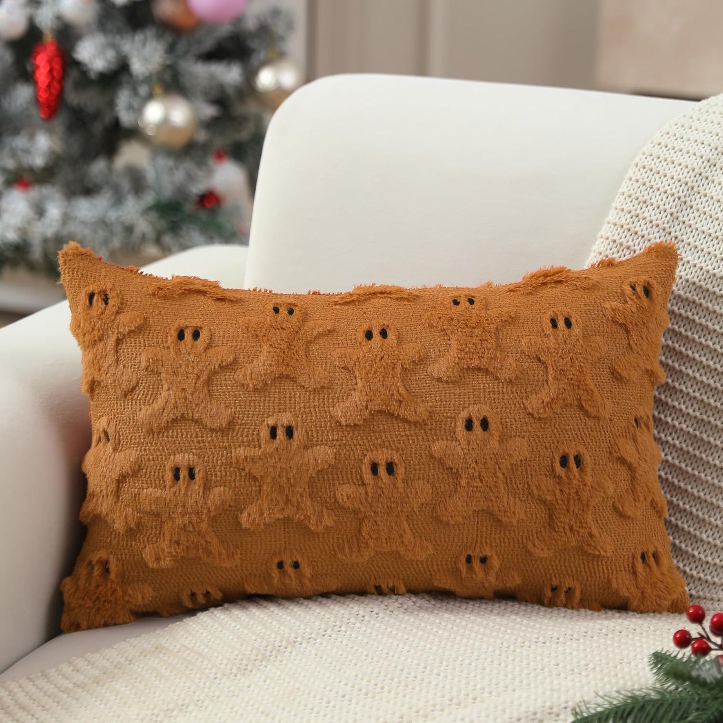 Allorry Christmas Throw Pillow Covers 12x20 Set of 2 Rust Gingerbread Decor Throw Pillow Cases Soft Plush Faux Fur Cushion Case for Winter Xmas Home Bedroom Sofa Decors SY002-A20