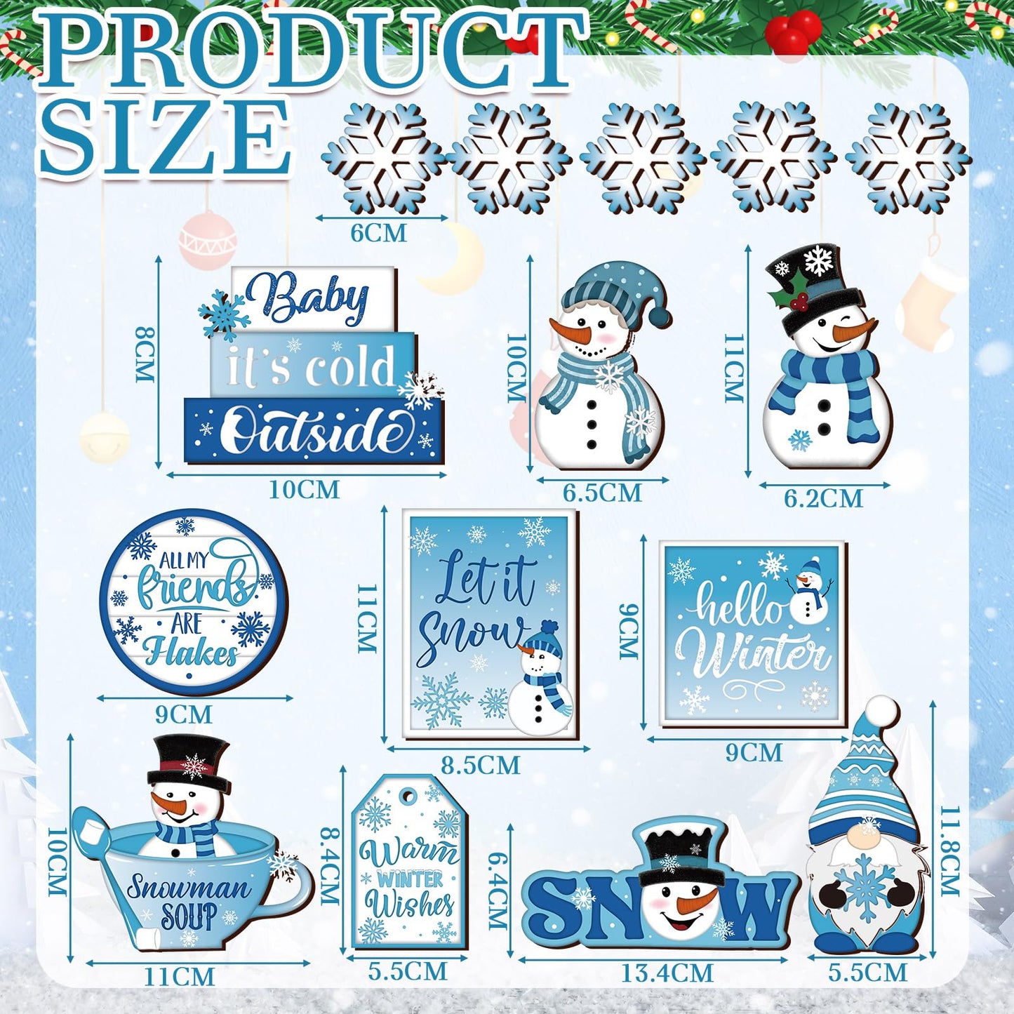 Ziliny 19 Pcs Winter Christmas Tiered Tray Decorations Set Snowman Snowflake Tiered Decor Winter Wooden Signs Farmhouse Table Centerpiece with Rope Holders for Xmas Party Favor Supplies