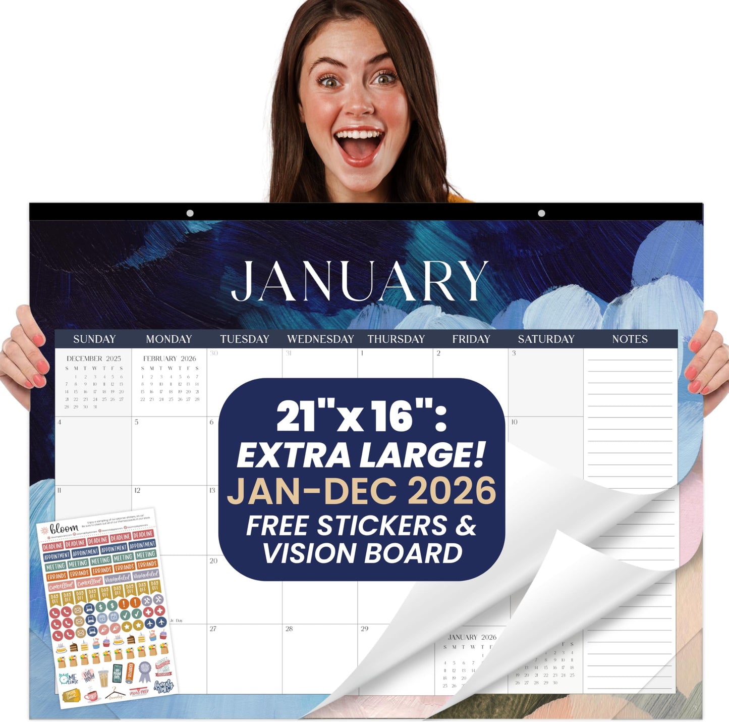 bloom daily planners 2026 Desk Calendar - January to December Large Wall Calendar - 21” x 16” Desktop & Hanging Monthly Planner with Stickers for Home or Office - Paint Strokes