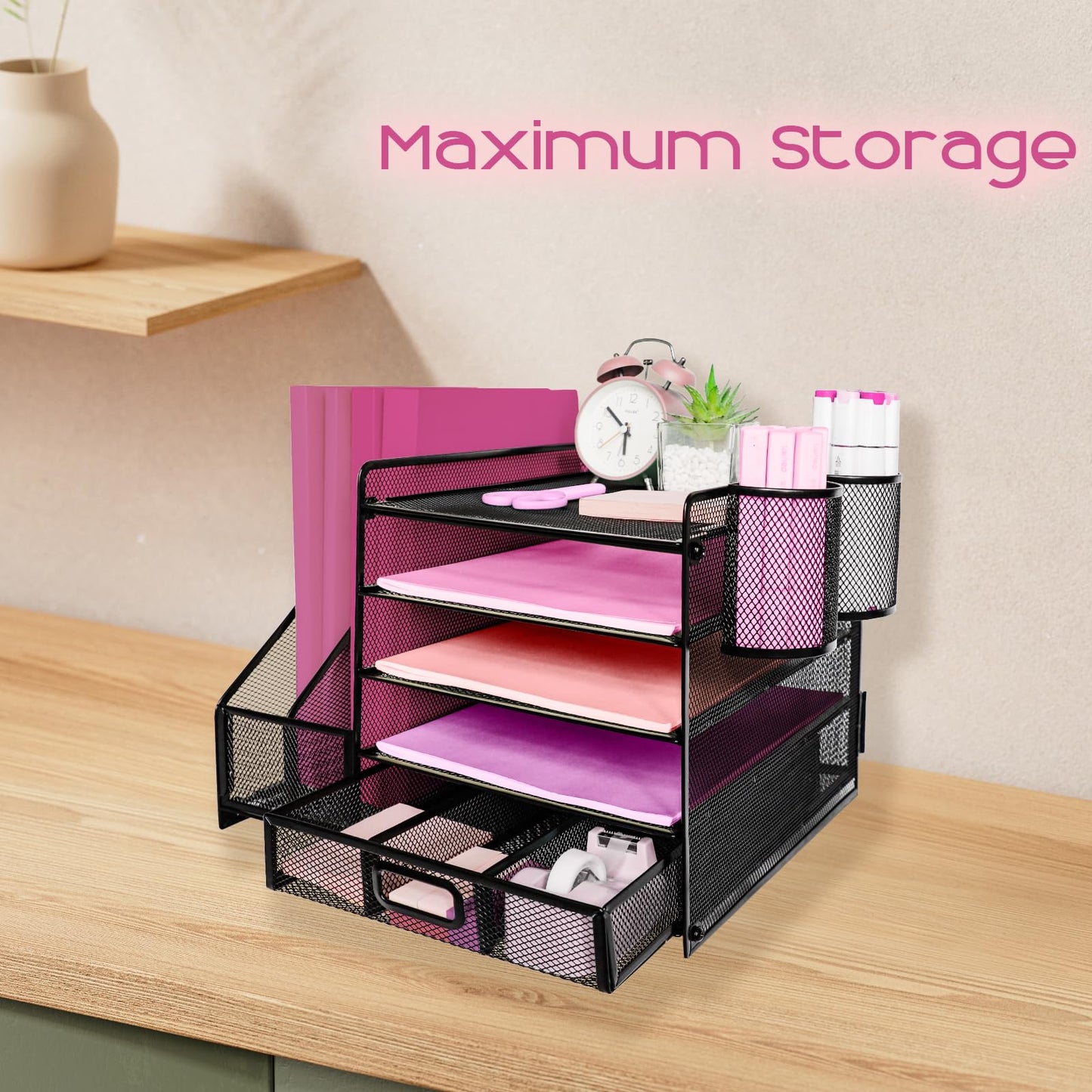 ideallife Desk Organizers and Accessories with File Holder, 5-Tier Paper Letter Tray Organiser with Drawer and 2 Pen Holder, Mesh Desktop Document Organizer for Office Supplies, Workspace - Black