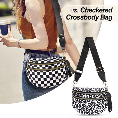 Checkered Crossbody Bag,Nylon Bum Bags for Women Crossbody,Spacious Sling Bag Purse Fanny Packs with Shoulder Strap