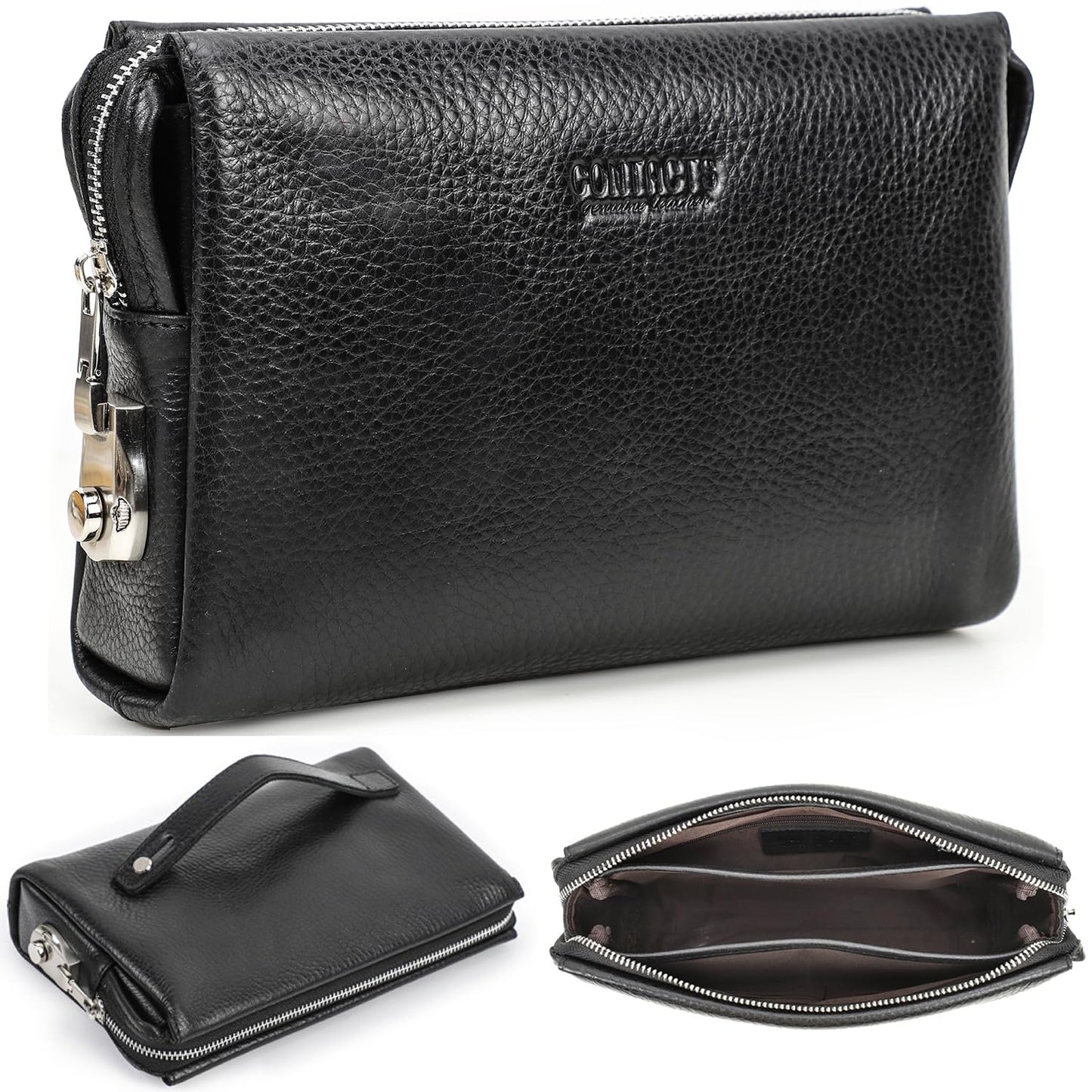 Top Grain Genuine Leather Handbag Wallet for Man & Woman, Handmade Retro Design, Combination Lock & Retractable Hand Strap & Multi Pockets/Slots, Portable RFID for Cards/Checks/Phone/Banknote, Black