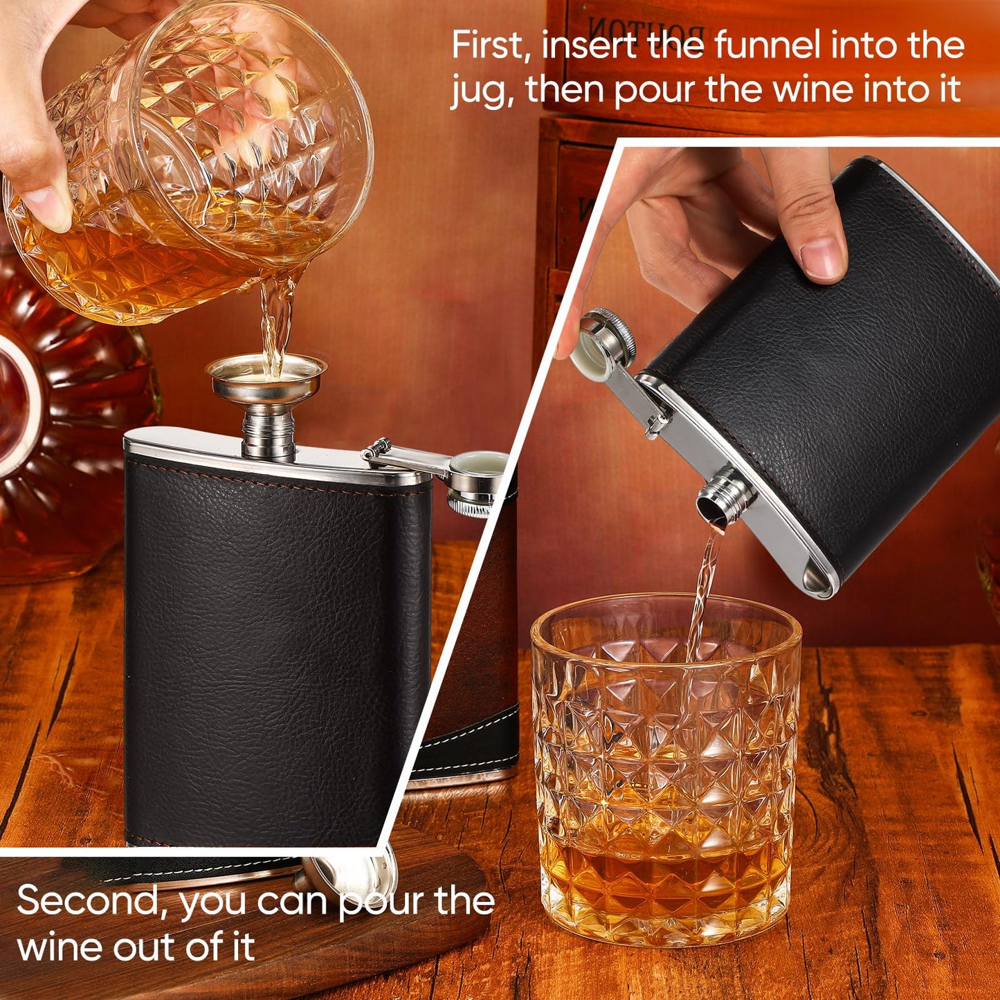 Domensi 6 Set Hip Flask Gift Set Flask for Liquor for Men with Black Leather Cover 8 oz Hip Flask Set 18/8 Stainless Steel Hip Flasks with 2 Cups & Funnel for Men Gift Box, Camping, Wedding Party