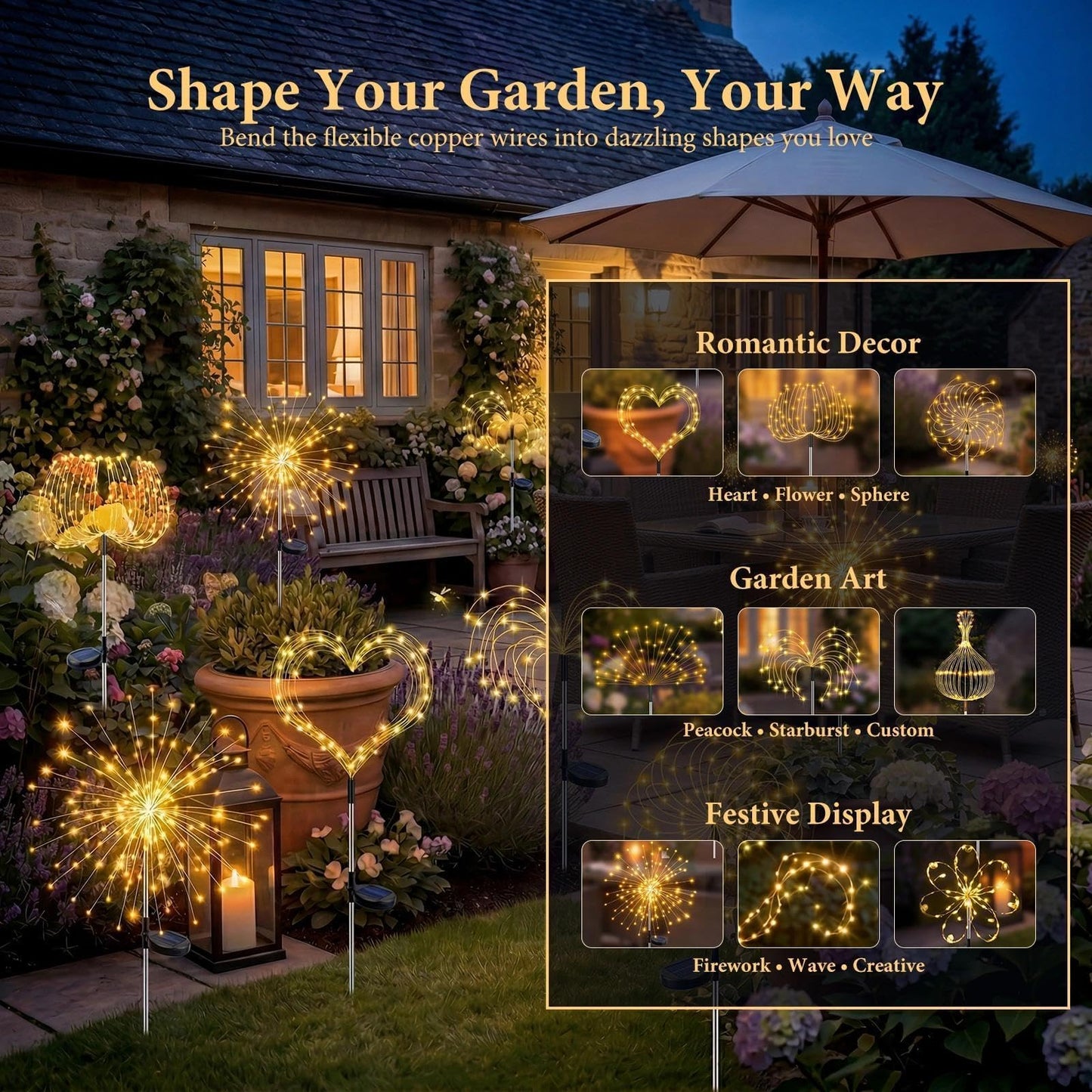 Fairdeer Solar Firework Lights Outdoor 4 Pack, 120LED Solar Starburst Garden Lights with 8 Modes, Waterproof Decorative Sparkle Light for Backyard, Garden, Patio Lawn Landscape & 4th of July Decor