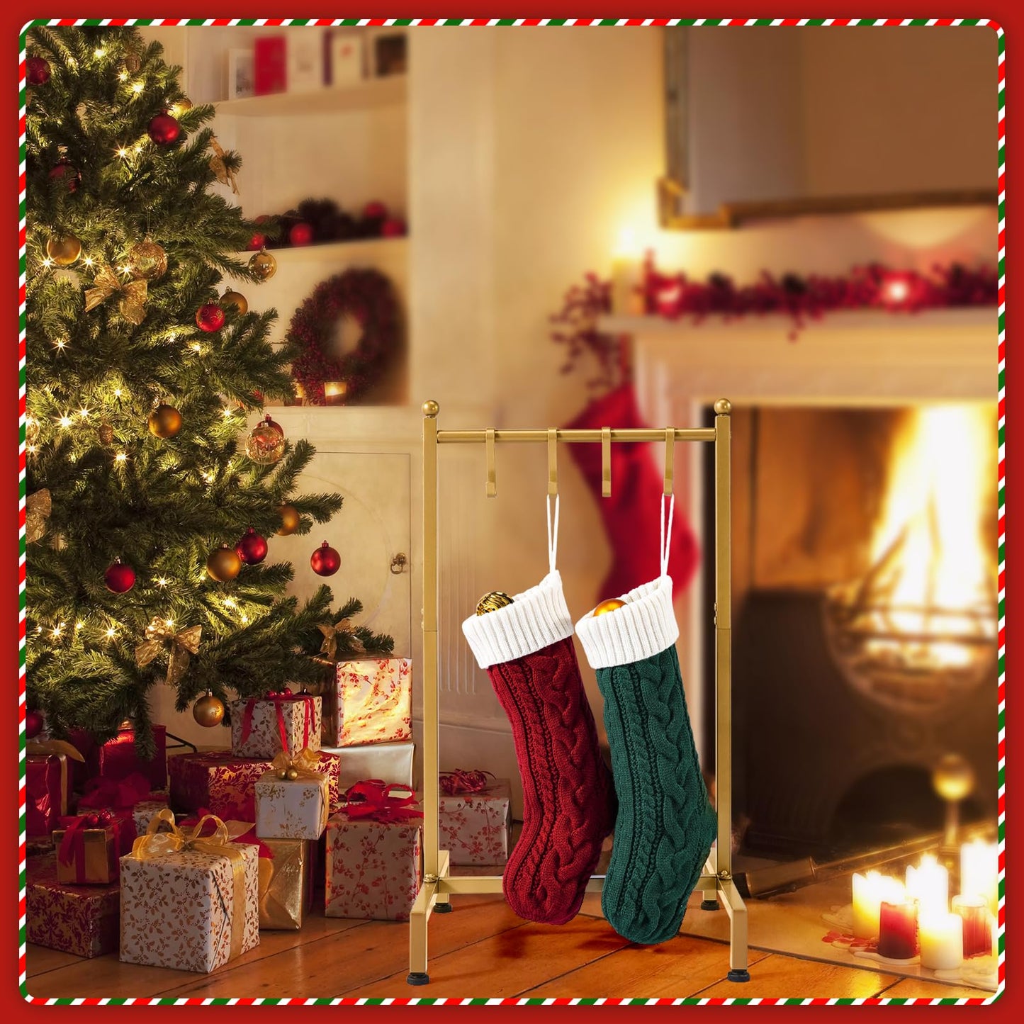 ELYKEN Christmas Stocking Holder, Free Standing Stocking Rack with 4 Removable Hooks, Small Stocking Stand, Heavy Duty Metal Tubes with Stable Base and Adjustable Feet, Gold