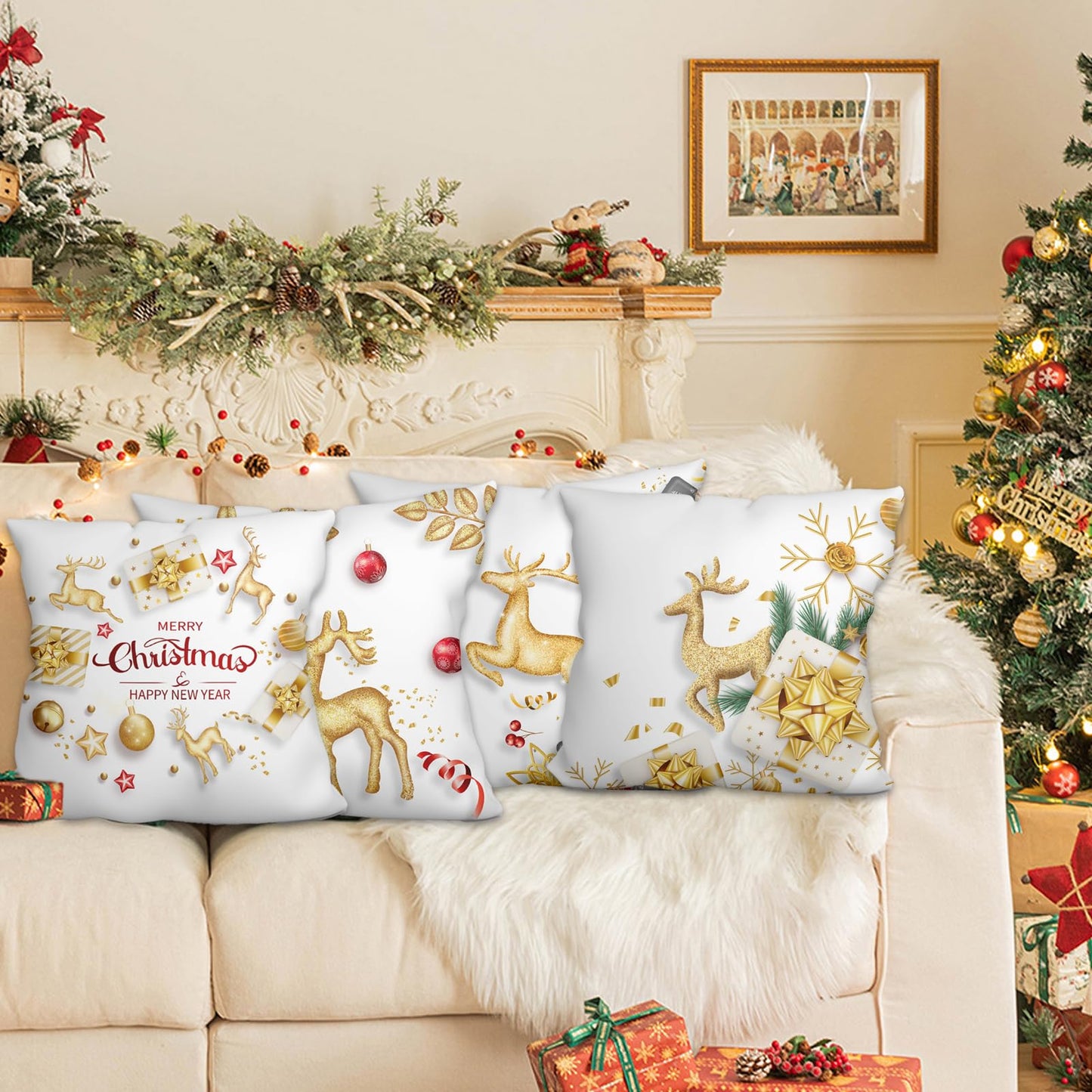 WSZBDY Christmas Throw Pillow Covers White Gold Snowflake Reindeer Christmas Decorations 18X18 inch Set of 4 Winter Christmas Indoor Home Holiday Ornaments Short Push Cushion for Sofa Tree