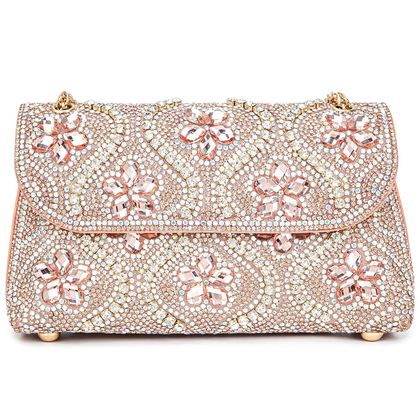 BBTT.ful Flower Evening Handbags Chain Strap Square Shoulder Bag Crossbody Bag Crystals Rhinestone Clutch Purse (pink champagne)