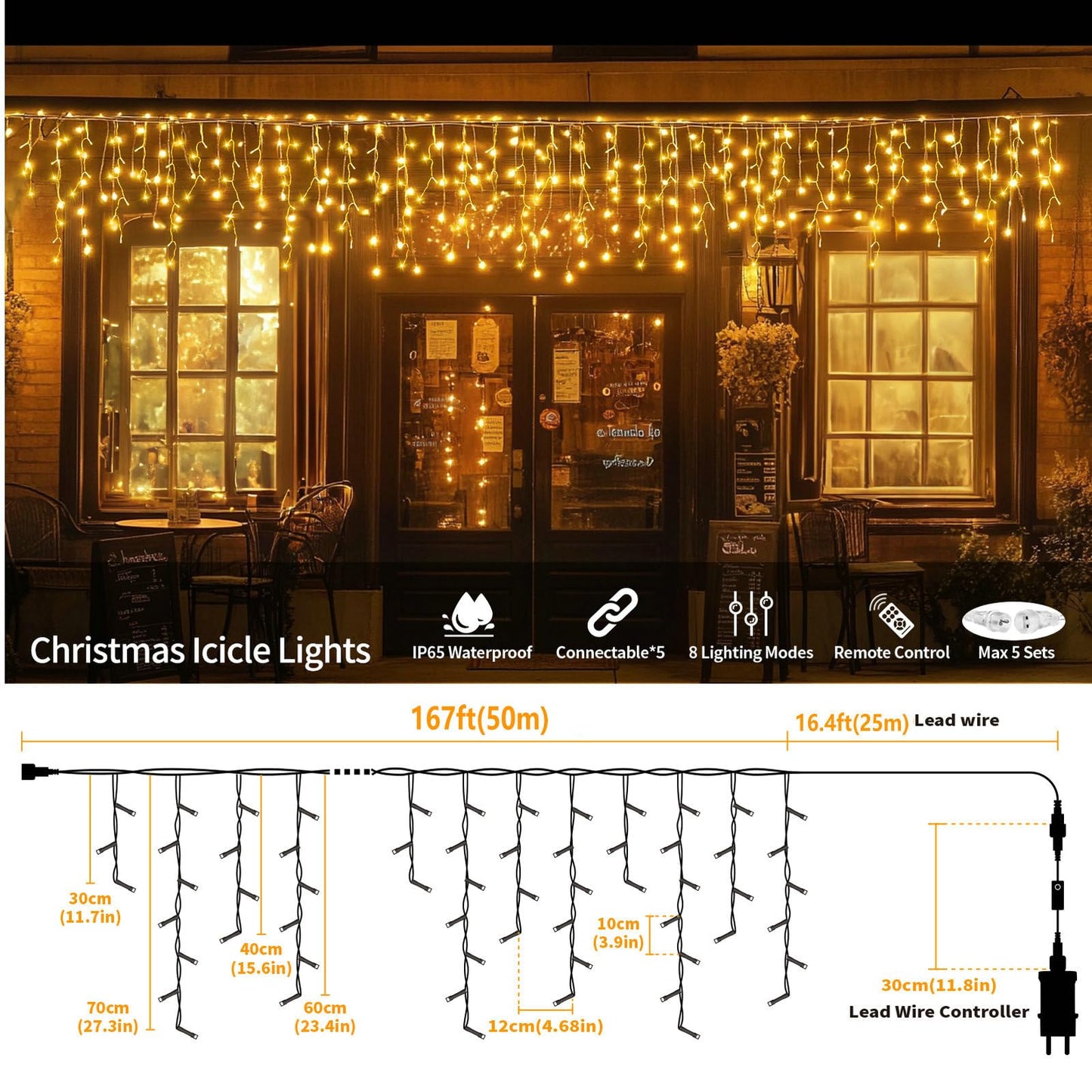 Icicle Lights for Outside, 167ft 17600 LED Icicle Christmas Lights Outdoor Waterproof, 352 Drops with Remote, 8 Modes & Dimmable, Timer for Christmas, Wedding, House, Roof Decoration, Warm White