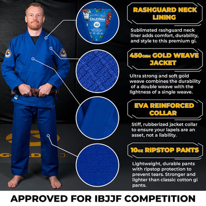 Gold BJJ Calavera Jiu Jitsu Gi - Ultra Strong Gold Weave Premium Kimono - IBJJF Competition Approved Uniform (Blue, A5)