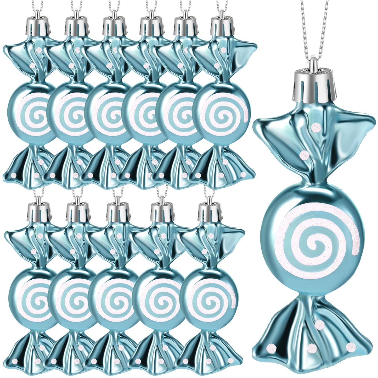 Threan 12 Pcs Christmas Candy Ornaments for Tree Decoration Hanging Glitter Candy Cane Christmas Peppermint Ornament with Golden Rope for Xmas Holiday Decoration(Light Blue,Plastic)