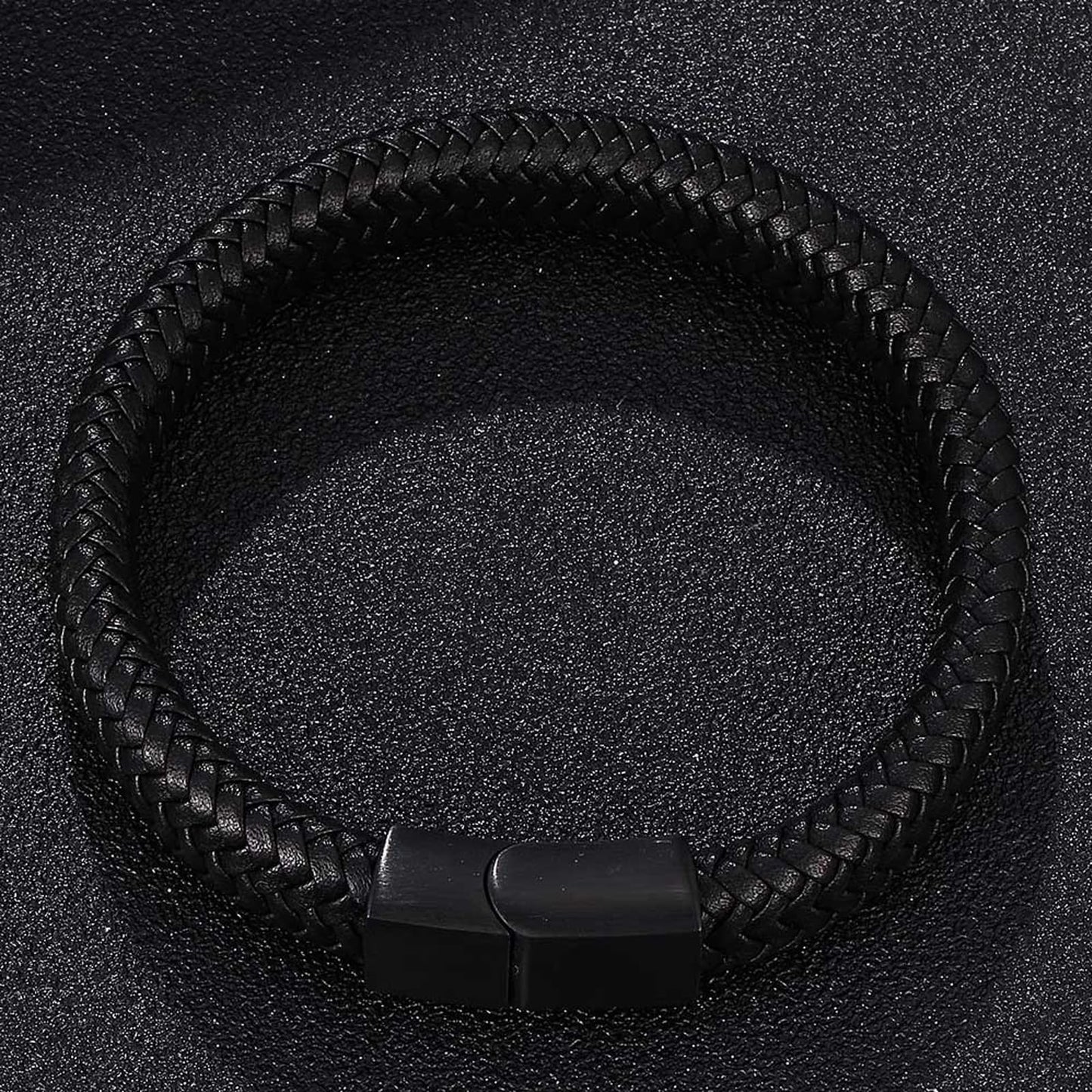 Silverso Men's Leather Bracelet, Stackable Stainless Steel Clasp Bracelets for Men Stylish Birthday, Thanksgiving, Valentine's Day Gift for My Man (7.8" Pure Black)