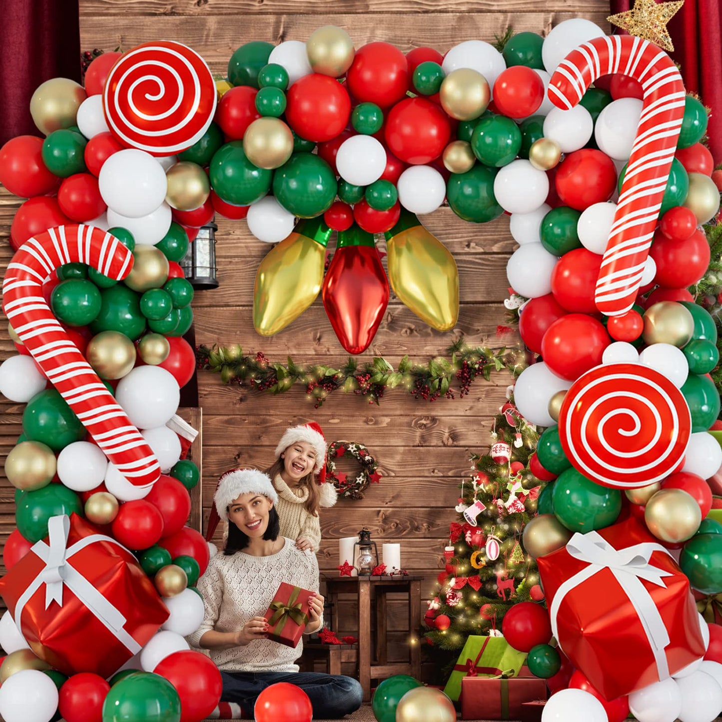 DBKL Balloons 152Pcs Garland Kit for Christmas, Red, White, Green, Gold, Candy Cane, Gift Box, Light Bulb Foil Balloons, Decorations, Party Supplies