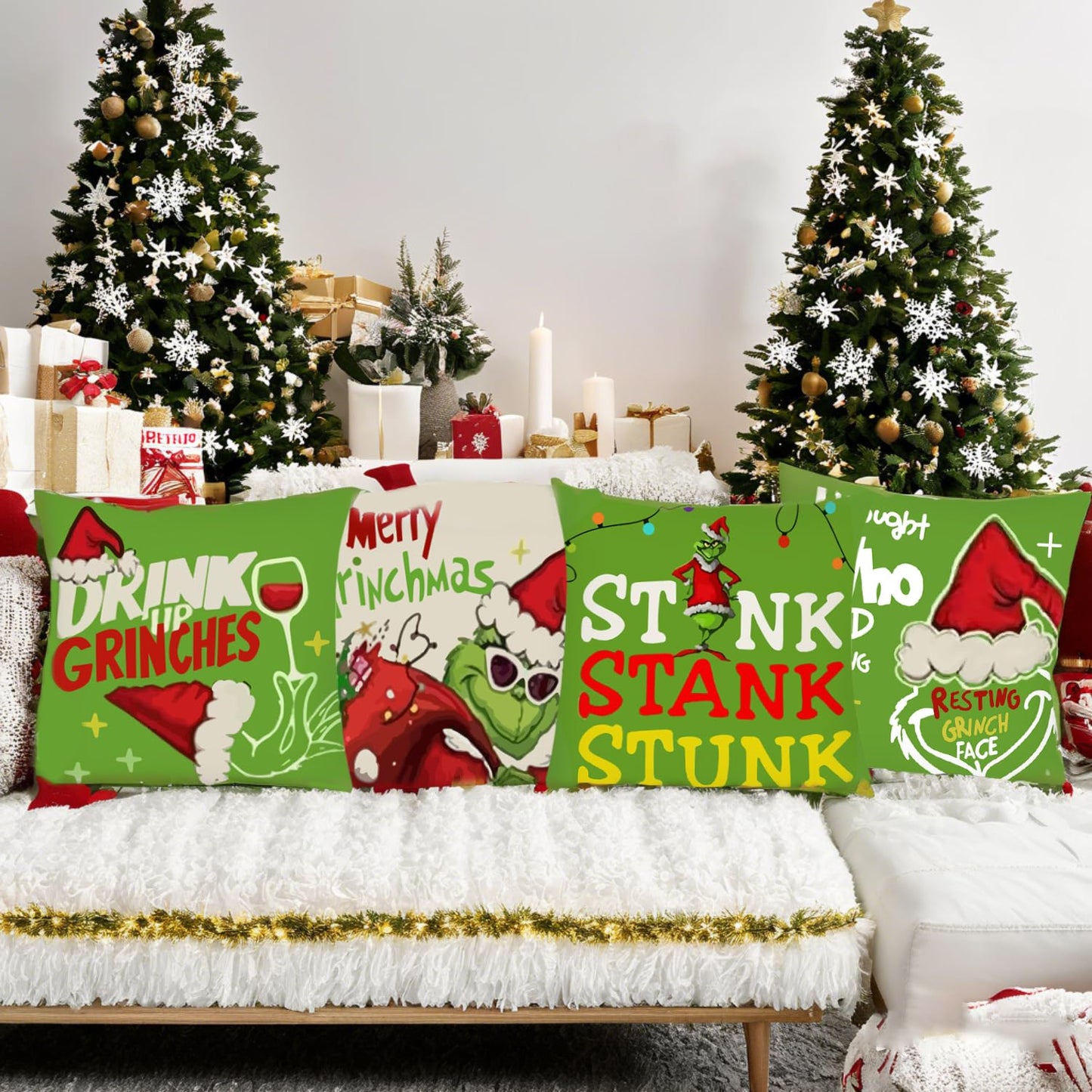 BOGGEUSS Christmas Throw Pillows Covers 18x18 Set of 4 Green Elf Pillow Covers Christmas Decorations for Home Sofa Couch Bed