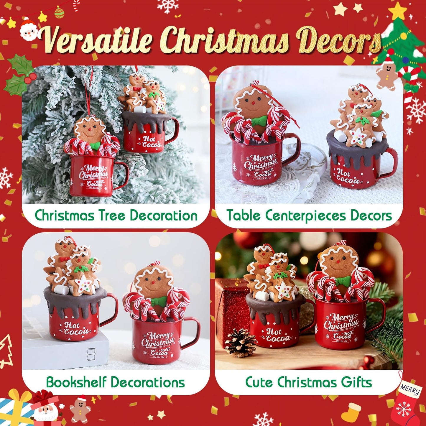 Cute Christmas Gingerbread Hanging Ornaments,2Pcs Mini Red Hot Cocoa Mugs with Handmade Clay Gingerbread Man Cookies,Chocolate,Marshmallows,Candy Canes for Winter Holiday Party Xmas Tree Decorations