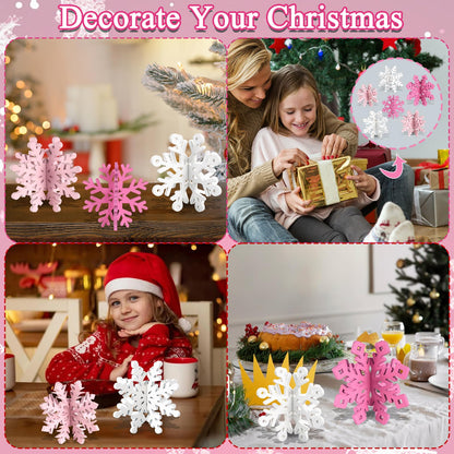 OuMuaMua 12 Set Snowflake Christmas Table Decorations - 24pcs Pink White Wooden 3D Snowflake Decor Tabletop Centerpieces for Christmas Party Supplies Home Decor