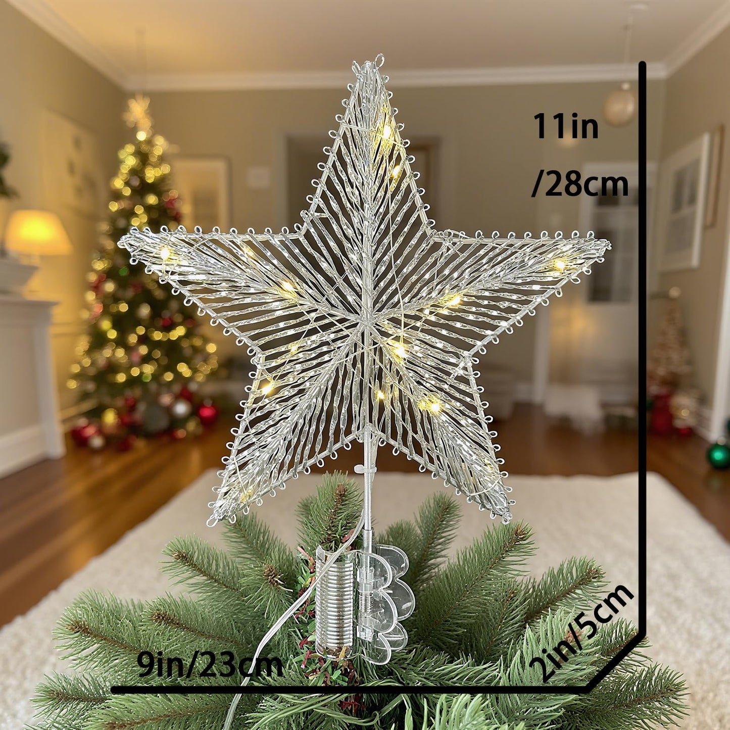ZZZ TYLOO 11 Inch Silver Star Christmas Tree Topper, 15 LED Lighted, Metal Frame with Hand-Woven Shiny Silver PVC, Clip-On Base, Xmas Star Tree Decoration for Home