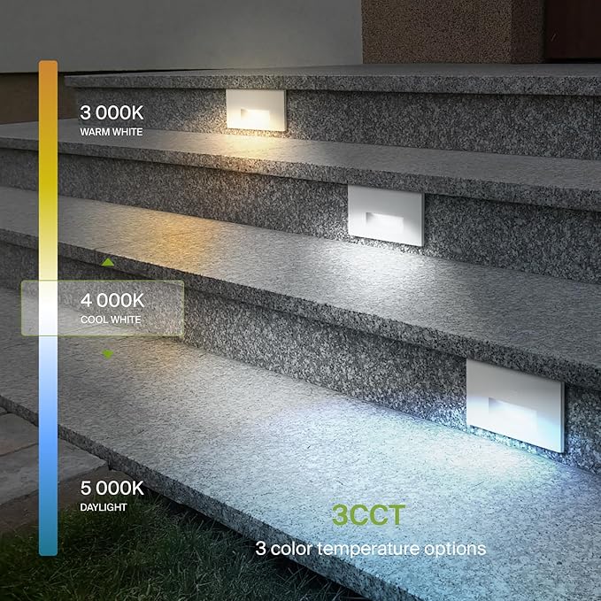 ASD LED Recessed Step Light Fixture, Dusk to Dawn Outdoor Stair Tread Lighting | 3CCT, Photocell, Waterproof, ETL Listed | 3W 120LM 3000K-5000K 120V | Staircase Hardwired Illumination | White, 4 Pack