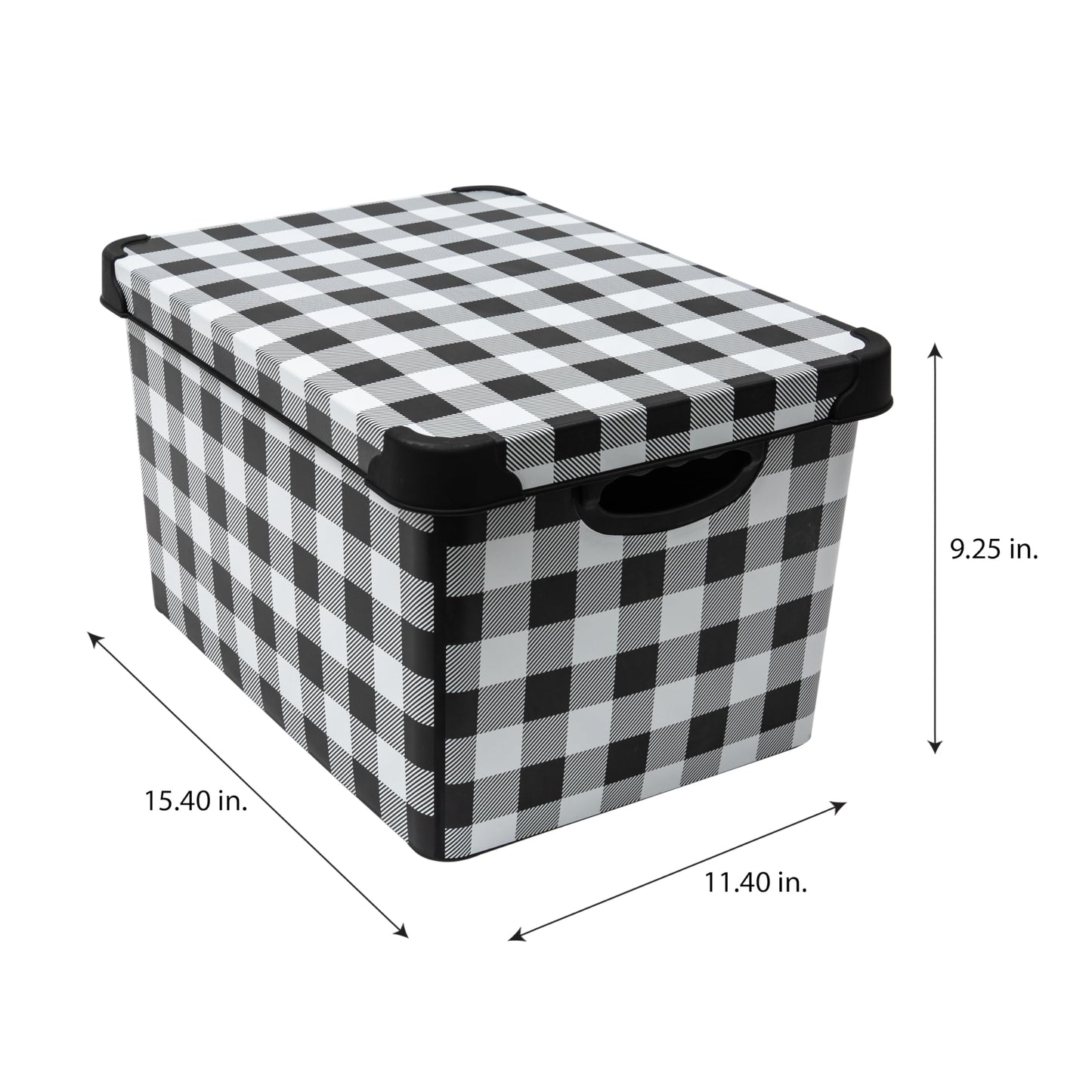 Simplify Checkered Design Storage Bin | Christmas Tote | Holiday Décor Decorations Organizer | Buffalo Plaid Design | Lidded | Stackable | Black and White