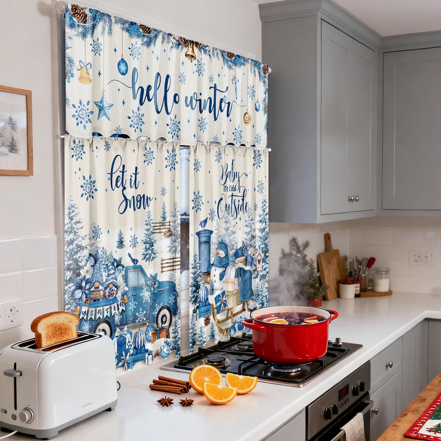 Breling 3 Pcs Winter Snowflake Kitchen Curtains Valances and Tiers Set for Windows Winter Snowman Gnome Gifts Pine Tree Decor Short Curtain Set for Bedroom Window Treatment Decor Party Supplies