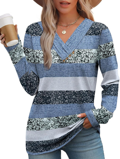 WIHOLL Long Sleeve Shirts for Women Fall Outfits V Neck T Shirts Button Down Tunic Tops Fashion Clothing