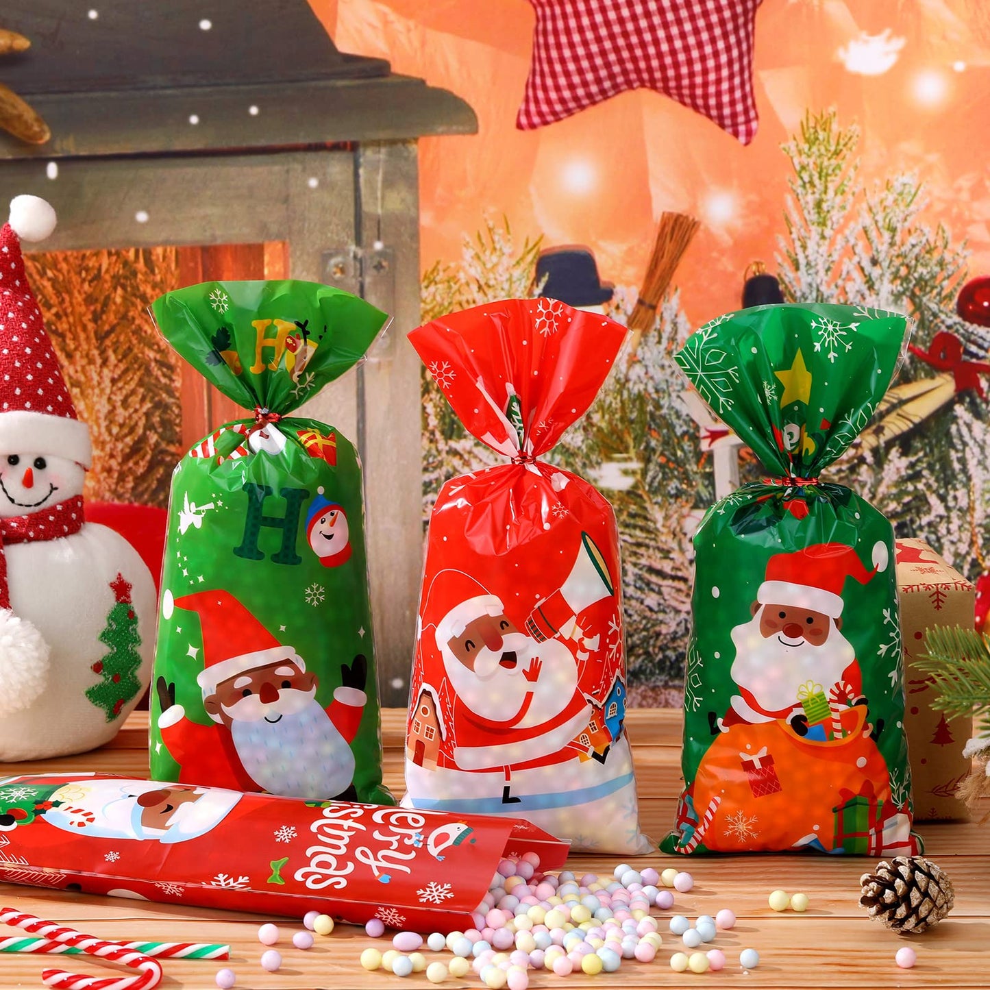 Spiareal 200 Pcs Christmas Cellophane Candy Goodie Bags Bulk Xmas Gift Treat Cookie Popcorn Bags Plastic Santa Claus Christmas Hat Snowman With 300 Ties Christmas Party Favor Supplies