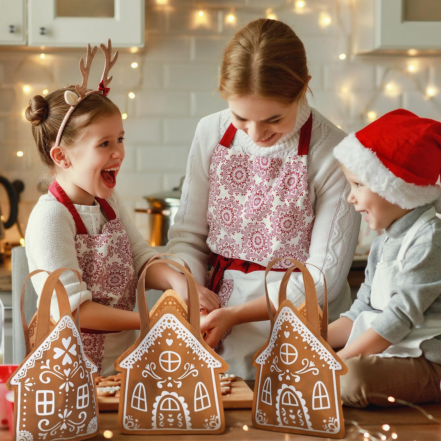 Silkfly 48 Pcs Non Woven Gingerbread House Christmas Tote Bags with Handles Gingerbread House Shape Gifts Candy Goodies Treats Bags for Xmas Holiday Party Favors