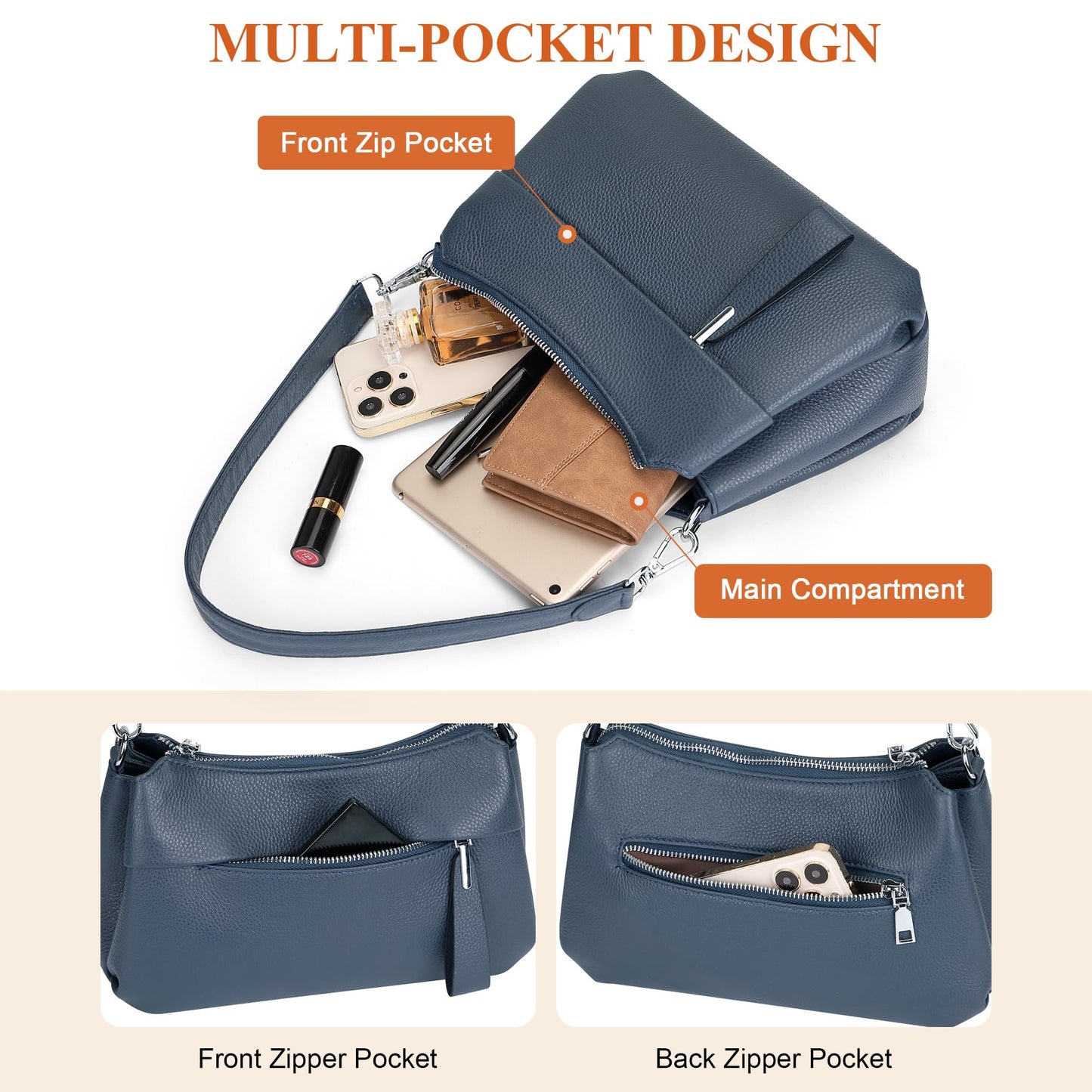 Over Earth Genuine Leather Handbags for Women Crossbody Bag Ladies Shoulder Hobo Purse Small(O111-2E Indigo Blue)