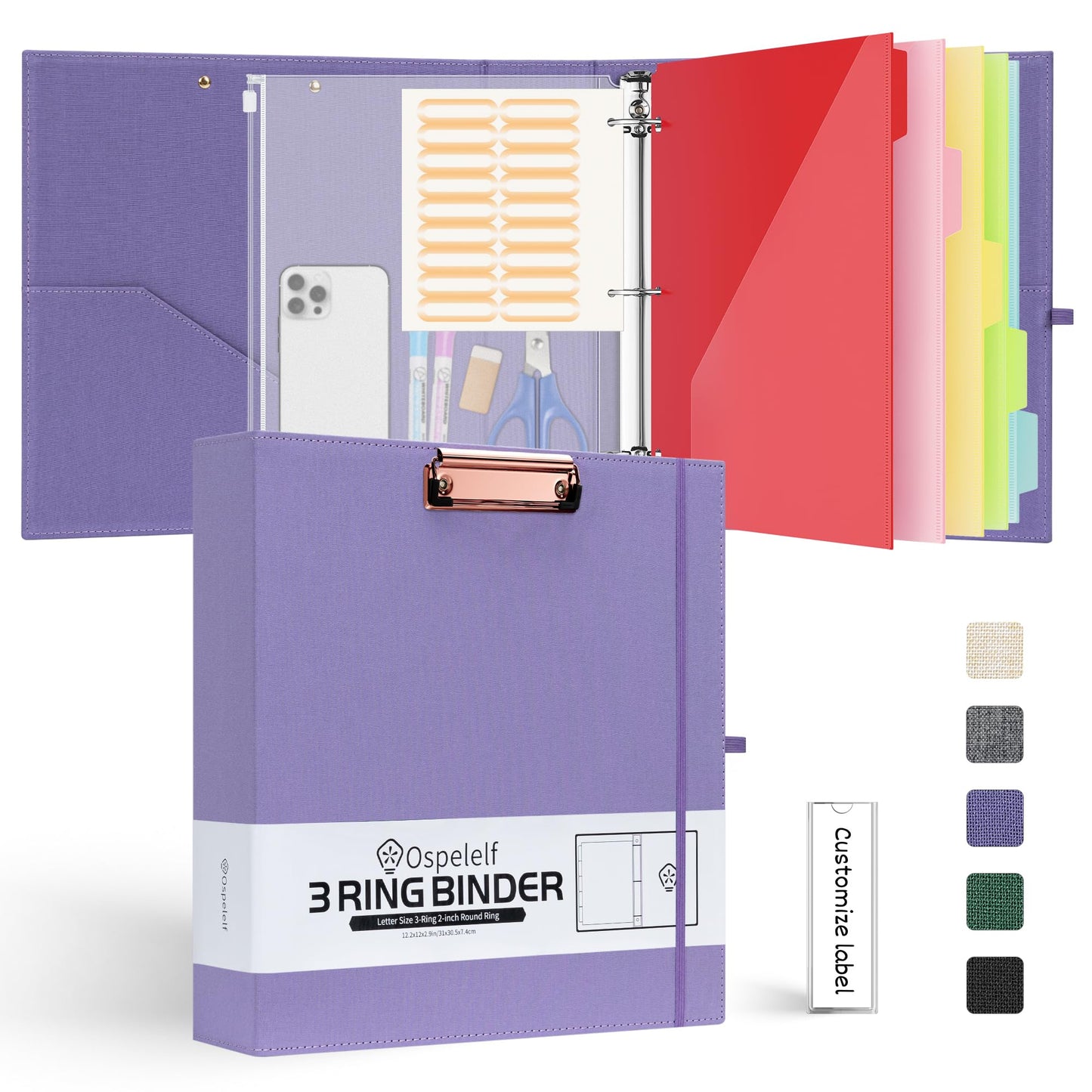 Ospelelf 2 Inch 3 Ring Binder Organizer with Zipper Pouch, Purple Linen Clipboards Portfolio (8.5" x 11"), 5 Plastic Folders with 10 Pockets, Hardcover School Binder