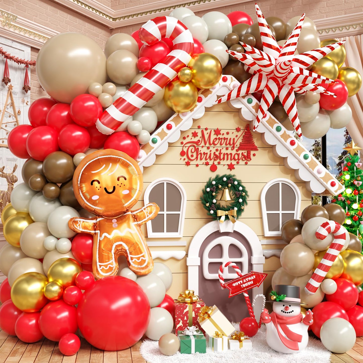 FunHot Christmas Balloon Arch Kit, Xmas Beige Red Balloon Garland, Apricot Brown Red Metallic Gold Latex Balloons with Gingerbread Man Candy Cane Star Foil Balloons for Christmas Party Decorations