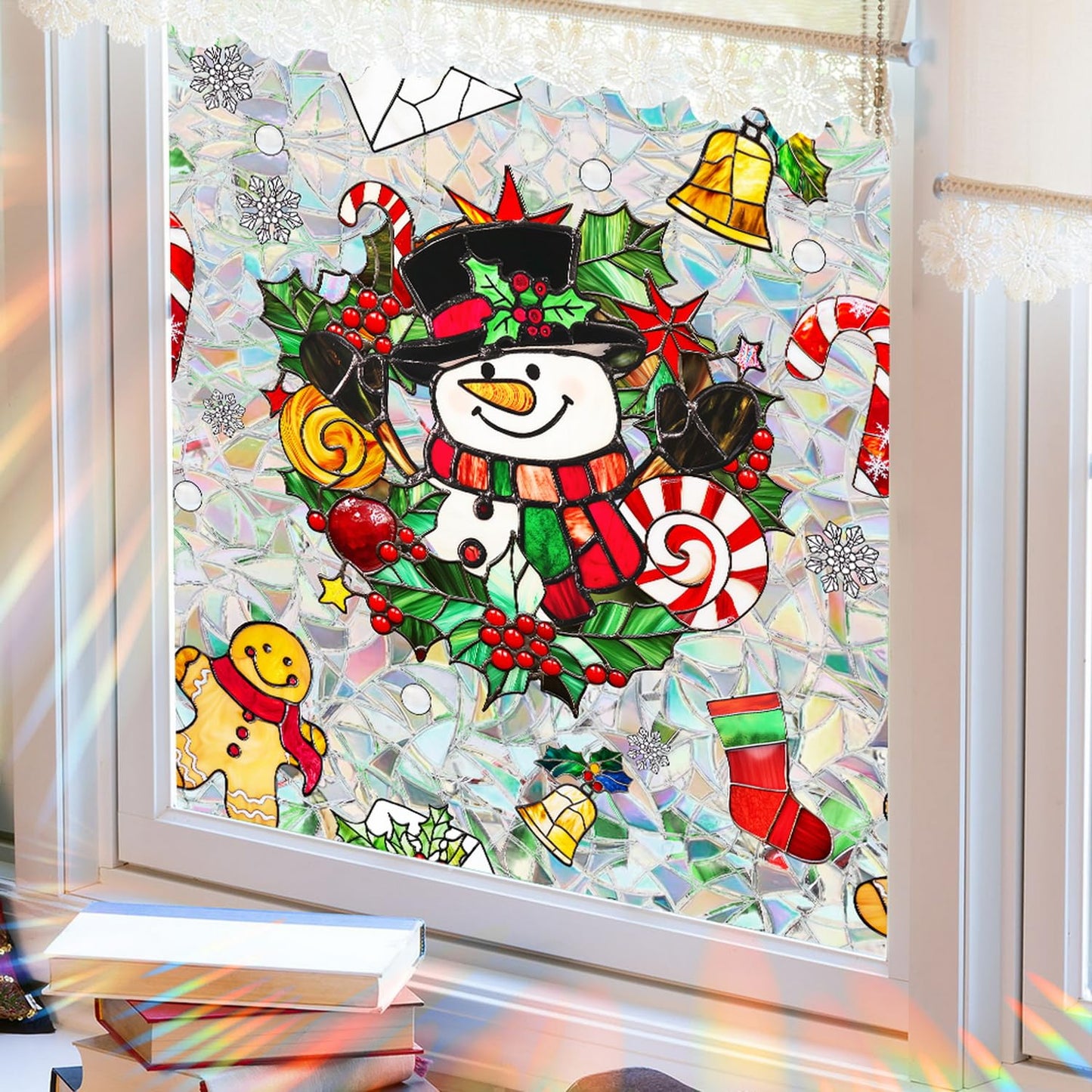 Christmas Window Film Decorative Snowman Gingerbread Man Xmas Red Berry Designs Stained Static Glass Window Clings Stickers for Home Office Living Room Bedroom Glass Windows Door Decor 17x 39.3 Inch