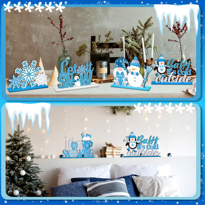 Shellwei 6 Pcs Winter Party Table Decorations Snowflake Snowman Wooden Centerpieces Winter Let It Snow Party Baby is Cold Outside Decoration for Christmas Baby Shower Supplies
