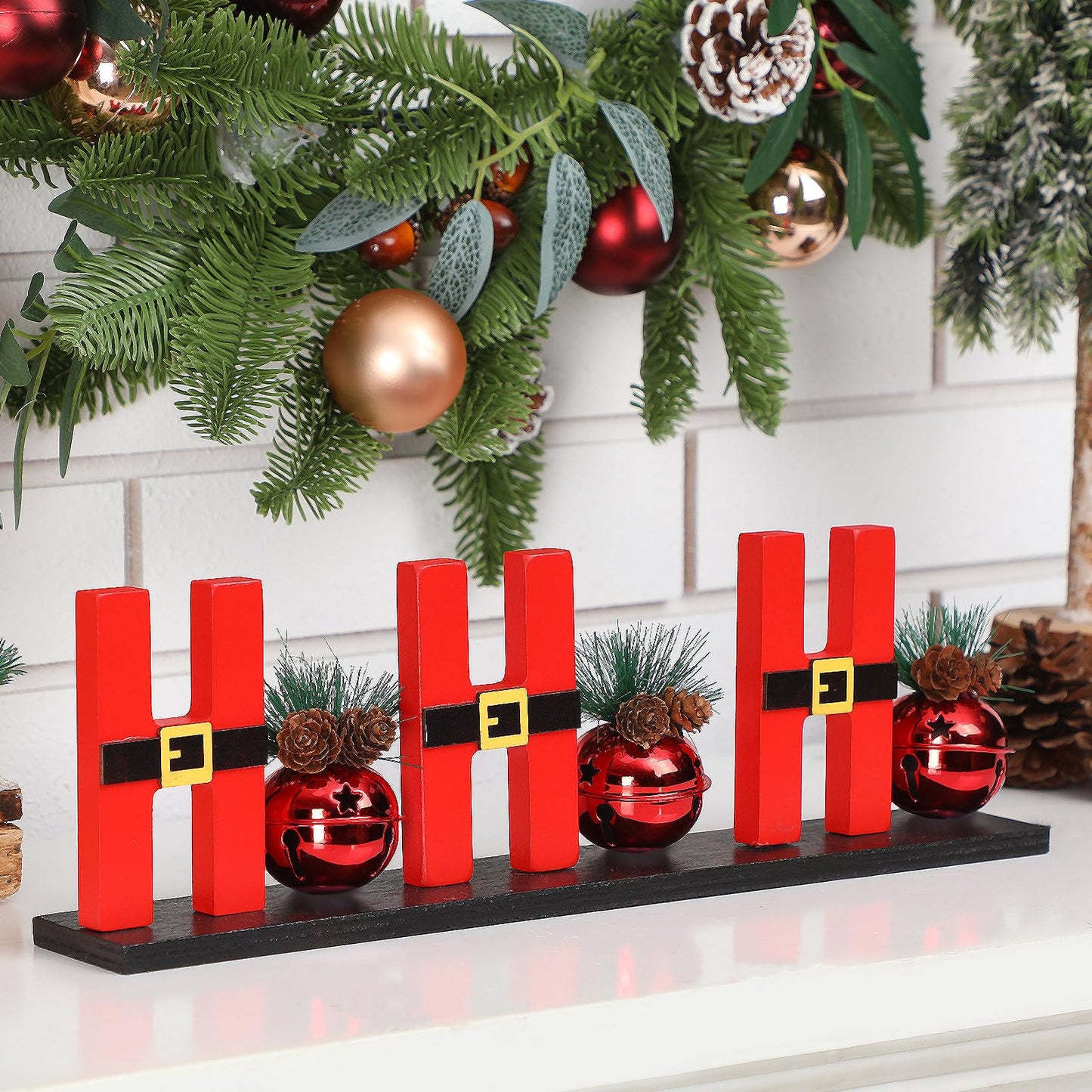 AceOrbit Christmas Table Decorations 13.7 Inches Hohoho Sign with Red Glitter Bells, 3D Christmas Letters Wood Freestanding Tabletop Centerpiece Santa Claus Design for Home Xmas Holiday Decor