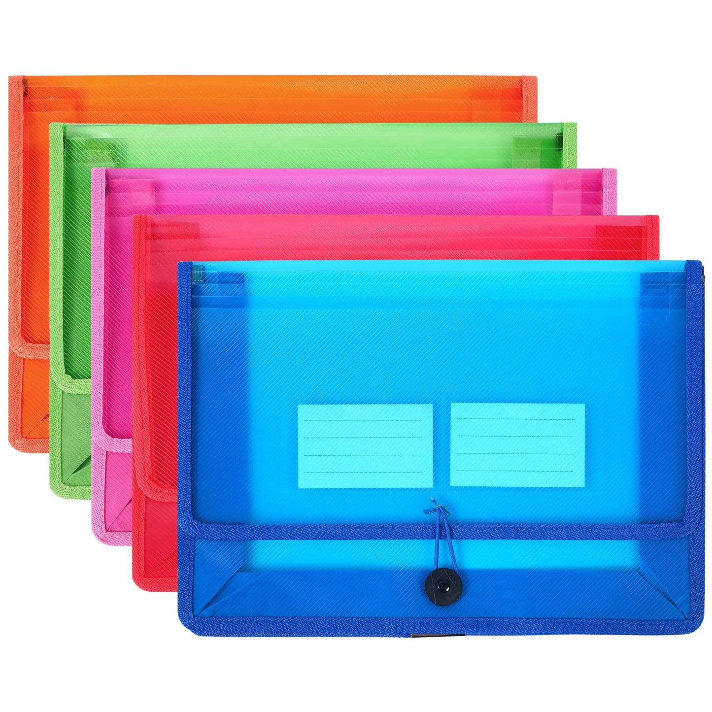 Eco-Friendly Plastic File Folders, Expanding Poly File Wallet, Transparent Expandable Envelope Organizer Document Folder with Elastic Band and Button Closure, with Small Two Pockets, 5 Colors