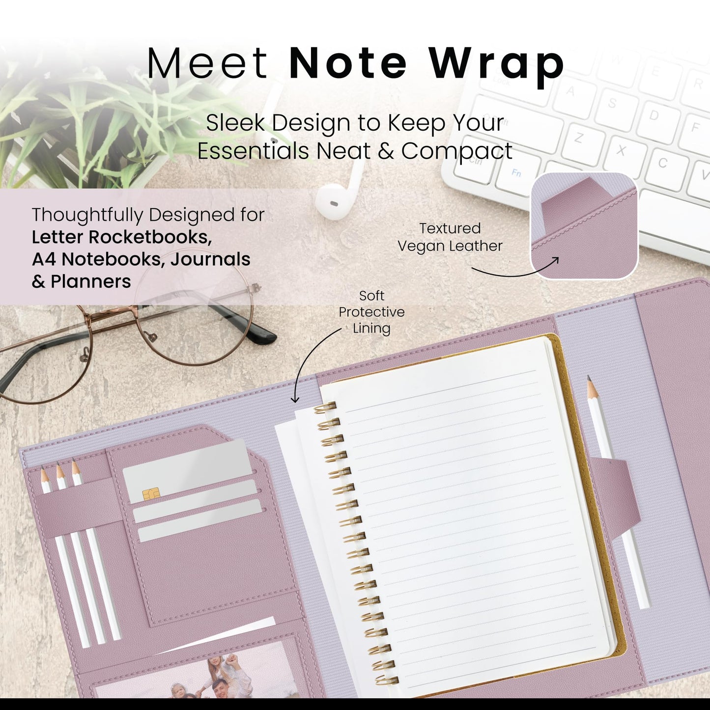 A4 Notebook Cover for Rocketbook, Planner & Journal – Slim Vegan Leather Folio with Pen Loop, Card Slots & Pockets – Fits Rocketbook Core, Panda, Fusion & Most 8.5" x 11" Notebooks