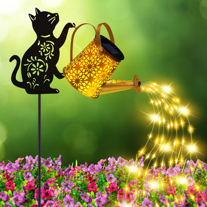 ostritec Solar Lights Outdoor Decorative, Watering Can with Cascading Lights, with Cat Silhouette Garden Stakes, Waterproof Metal Garden Decor for Yard Art, Outside, Patio, Lawn Ornaments