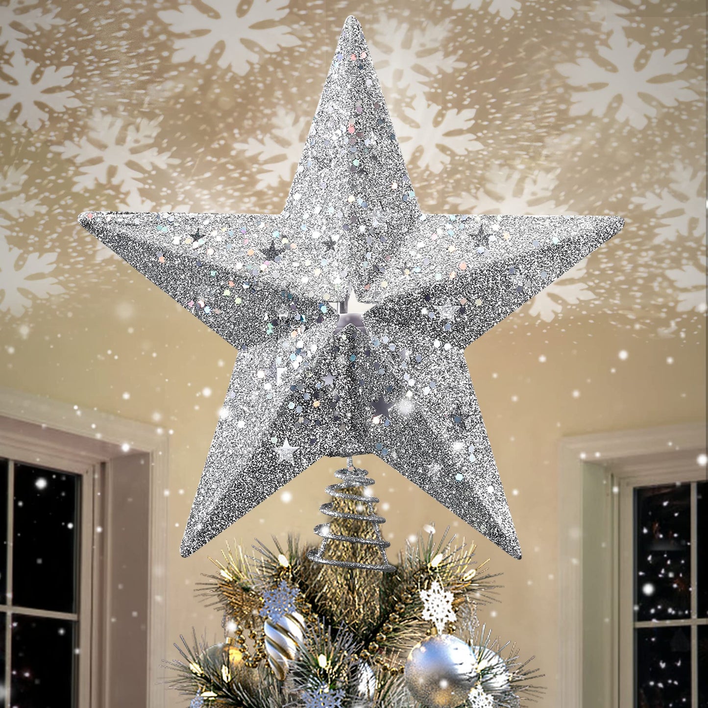 IPOW LED Snowflake Projector Star Christmas Tree Topper, 11.3 Inch Silver Glittered Star Treetop Lighted Rotating Snow Flake for Christmas New Year Holiday Decoration, Night Light Projector for Kids