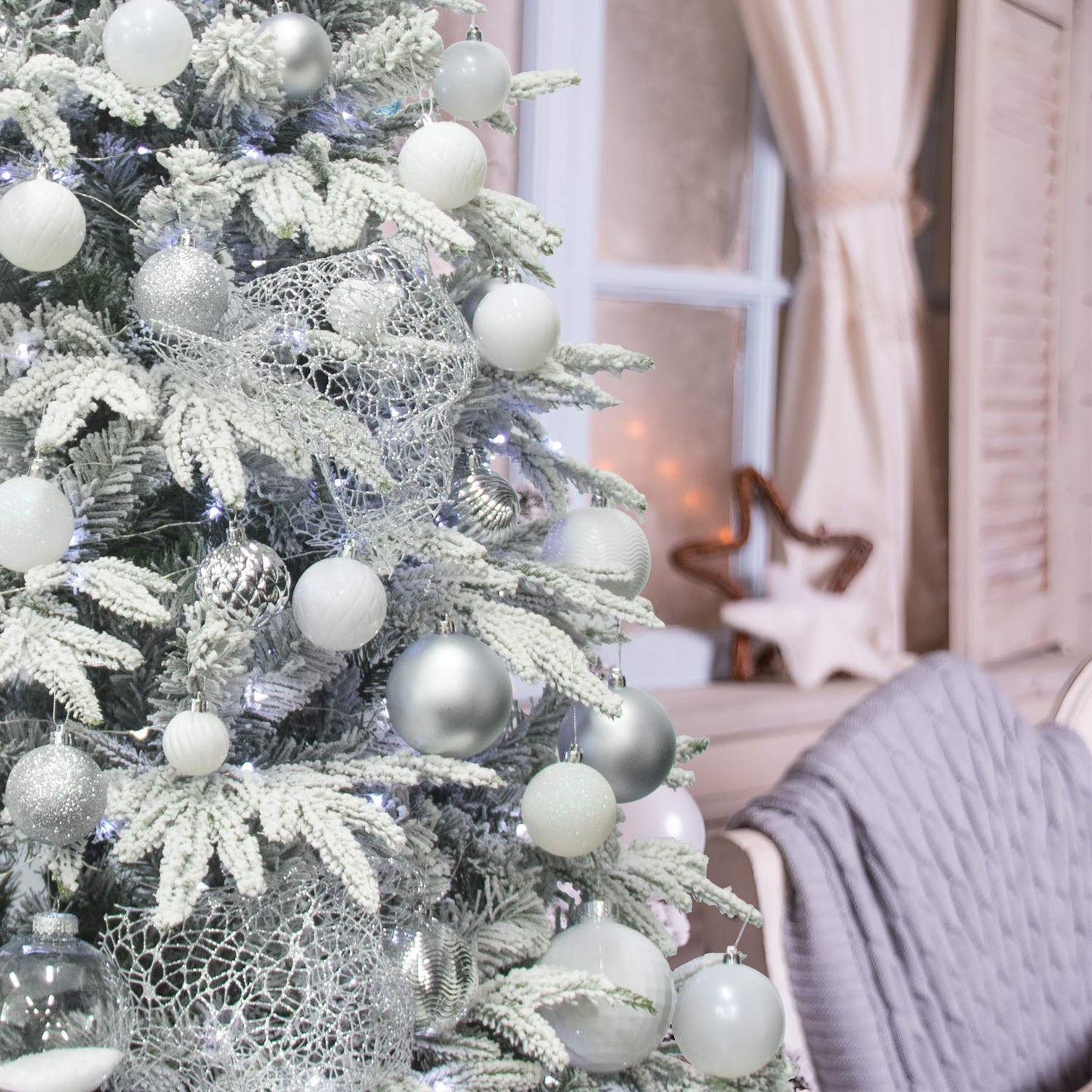 KI Store 34ct Christmas Ball Ornaments Shatterproof Christmas Decorations Tree Balls for Holiday Wedding Party Decoration, Tree Ornaments Hooks included 2.36” (60mm Silver)