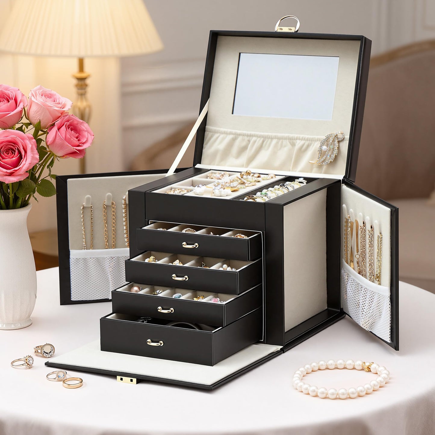 Jewelry Box for Women with Lock, 5-Layer Jewelry Organizer with Mirror & 4 Drawers, Lockable Faux Leather Storage Case for Ring Necklace Bracelet Earring, Elegant Gift for Girls Mom Girlfriend, Black